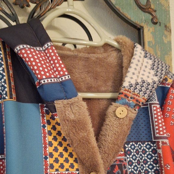 Colorful Patchwork Puffer Coat with Faux  Fur Trim. NWOT Size Large - Picture 11 of 17